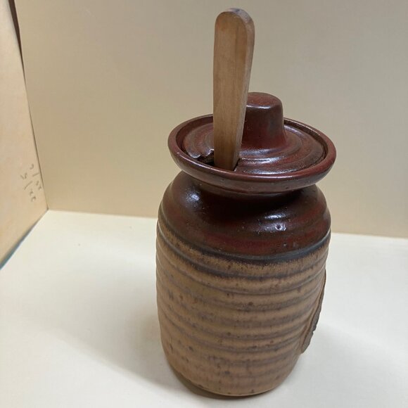 Hand Made Stoneware Ceramic Pottery Alberta Honey Pot Jar & Wooden Spoon + Lid - Picture 4 of 7